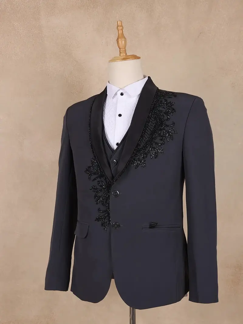 Black Floral Designed Men's Suit For Reception 3