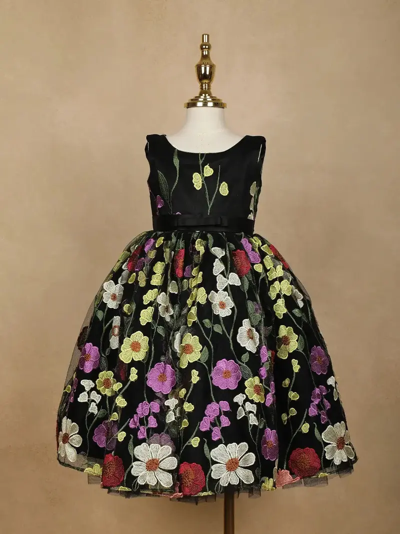 Black Floral Designed Party Gown For Girls 1