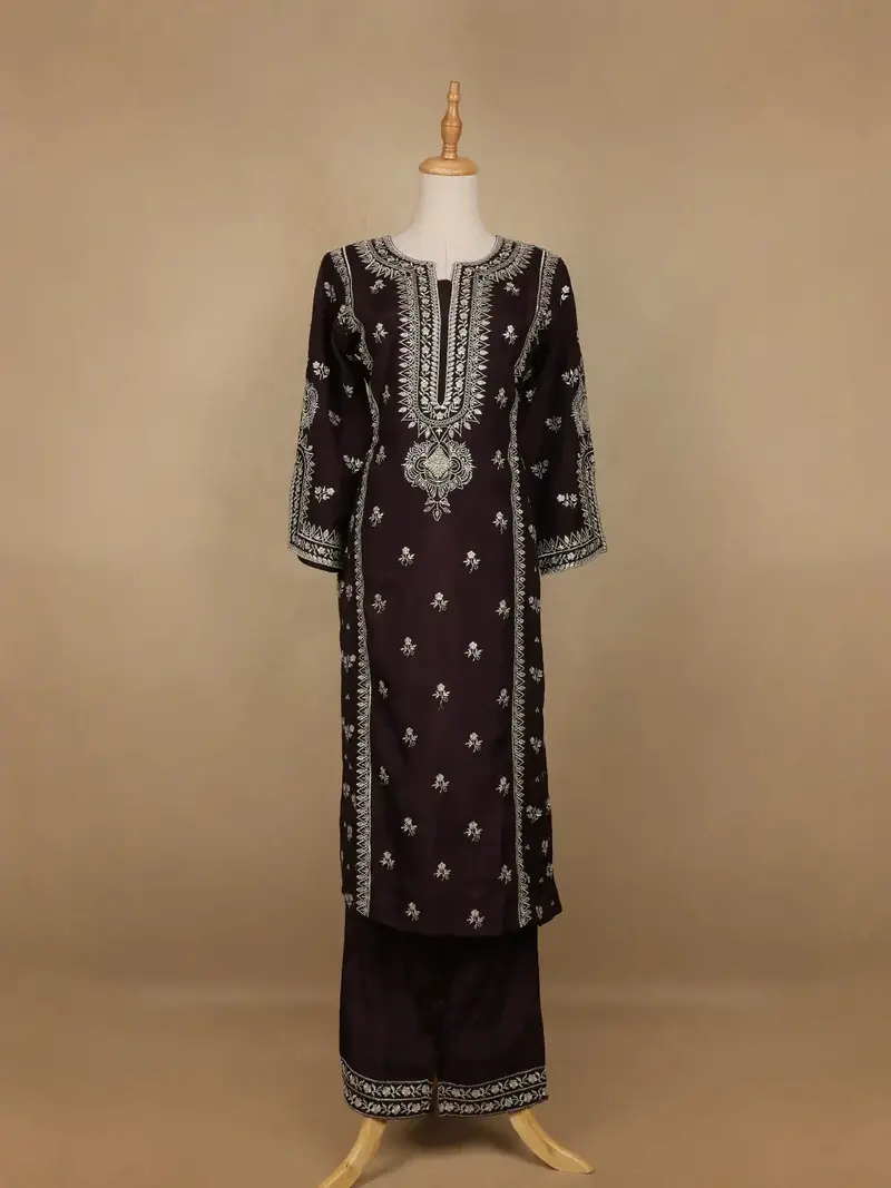 Black Floral Designed Raw Silk Salwar Suit 1