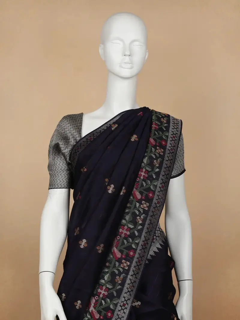 Black Floral Designed Raw Silk Saree 2