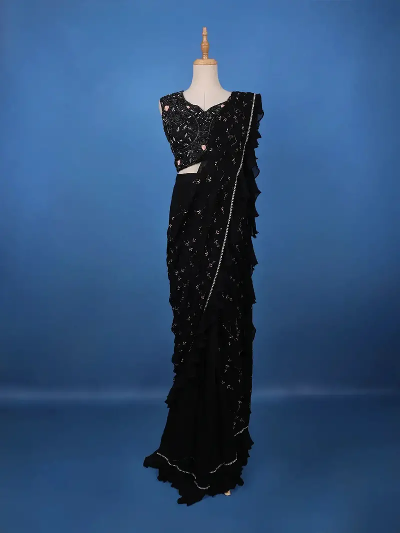 Black Floral Designed Ruffle Drape Georgette Ready To Wear Saree 1