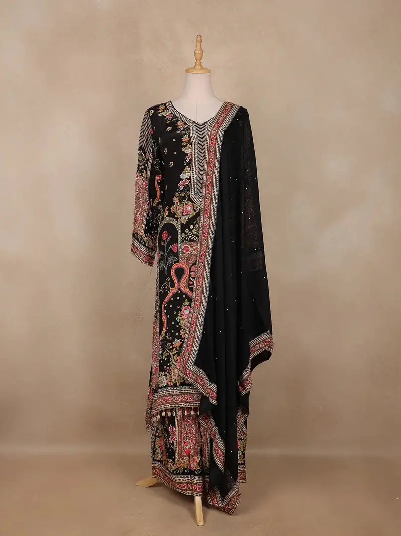 Black Floral Designed Semi Silk Palazzo Salwar Suit 1