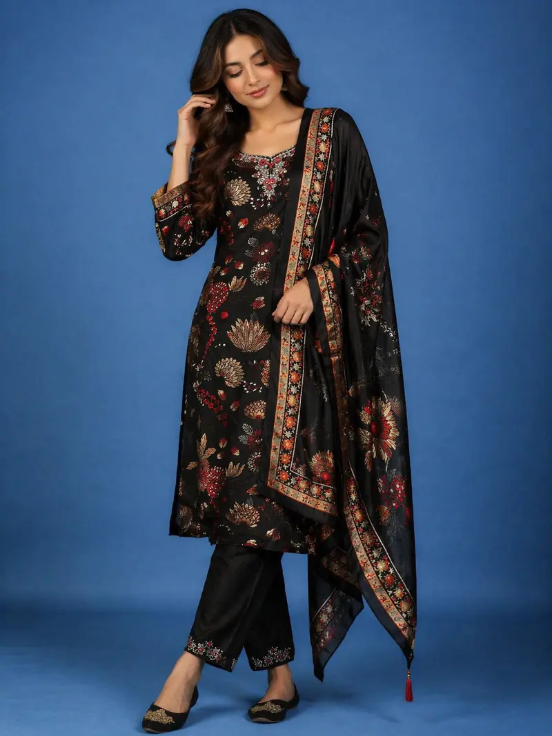 Black Floral Designed Semi Silk Salwar Suit 1