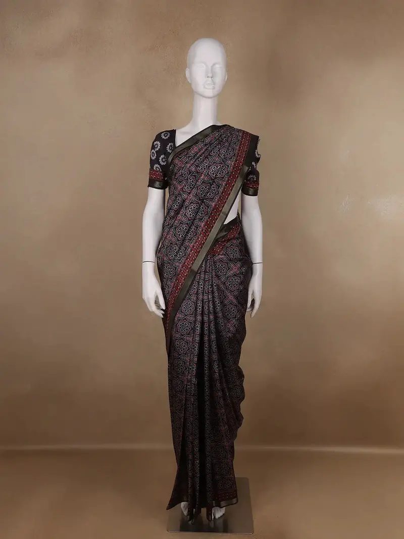 Black Floral Designed Semi Silk Saree 1
