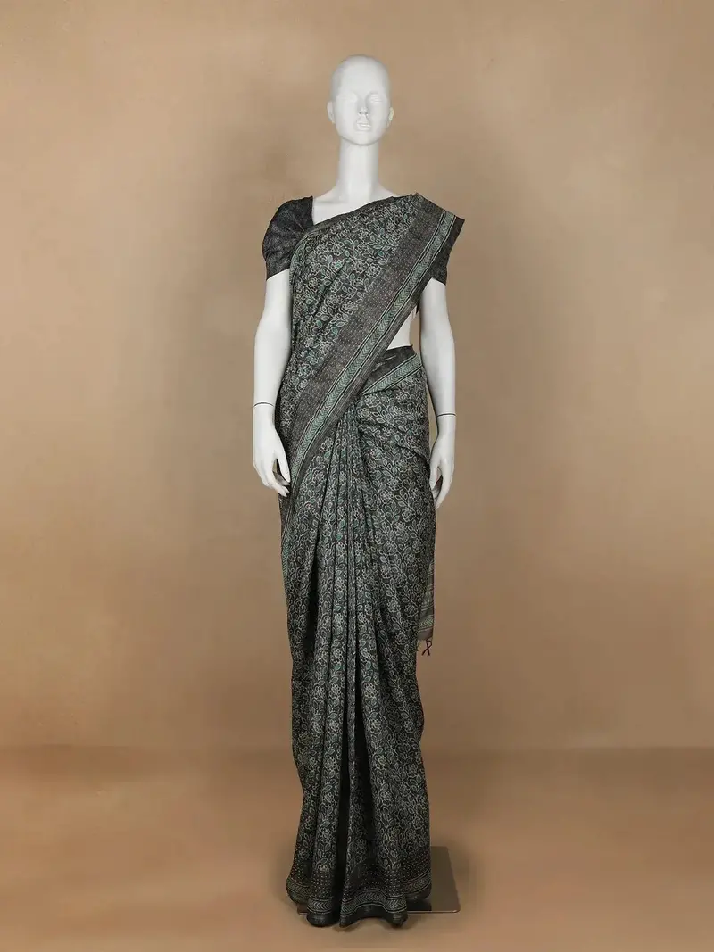 Black Floral Designed Semi Tussar Silk Saree 1