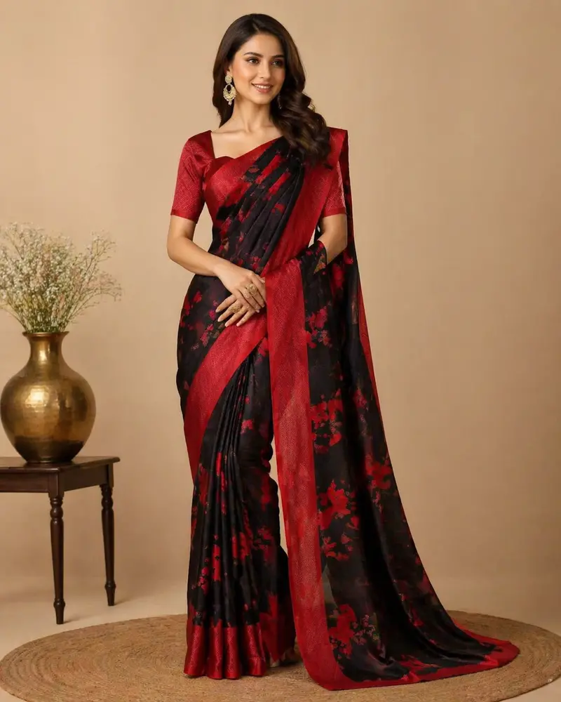 Black Floral Designed Soft Silk Saree 1