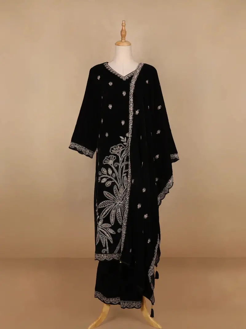 Black Floral Designed Velvet Co Ord Salwar Suit 1