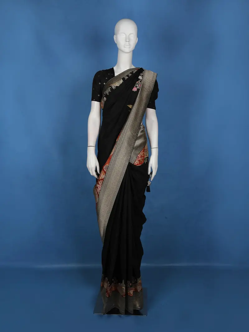 Black Floral Embroidered Banarasi Silk Saree 1