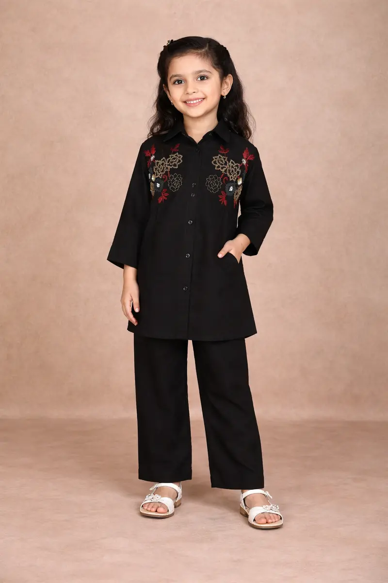 Black Floral Embroidered Cotton Kids Co-Ord Set 1