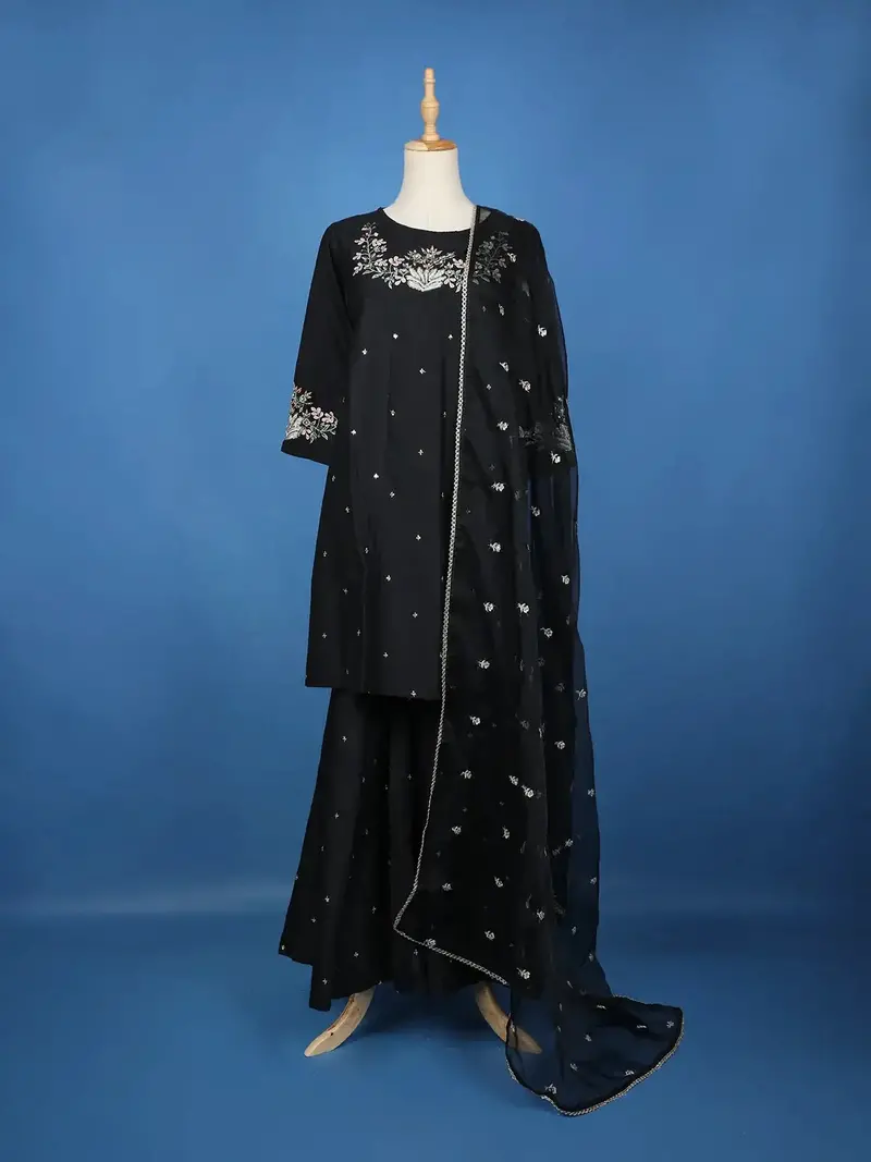 Black Floral Embroidered Cotton Sharara Salwar Suit 1