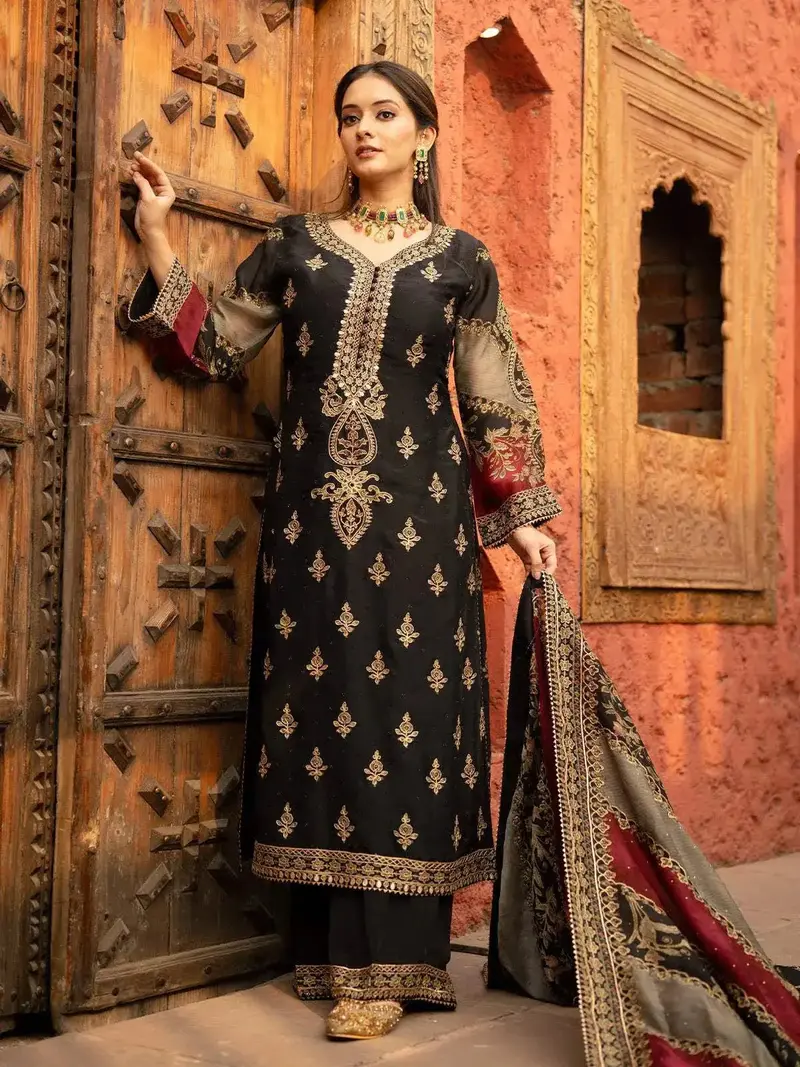 Black Floral Embroidered Crepe Palazzo Salwar Suit 1