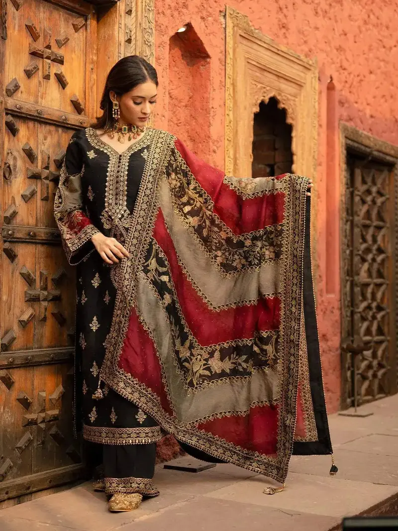 Black Floral Embroidered Crepe Palazzo Salwar Suit 4