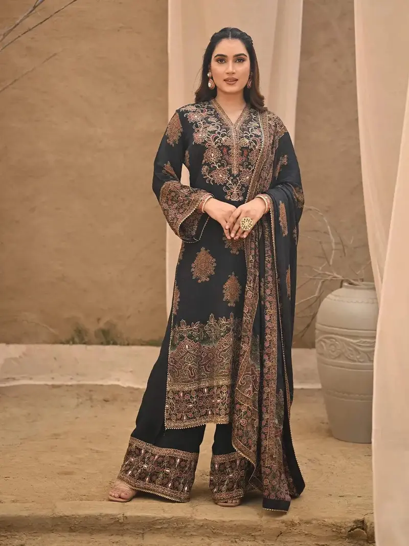 Black Floral Embroidered Crepe Palazzo Salwar Suit For Girls 1