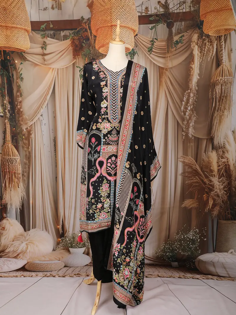 Black Floral Embroidered Crepe Salwar Suit 1