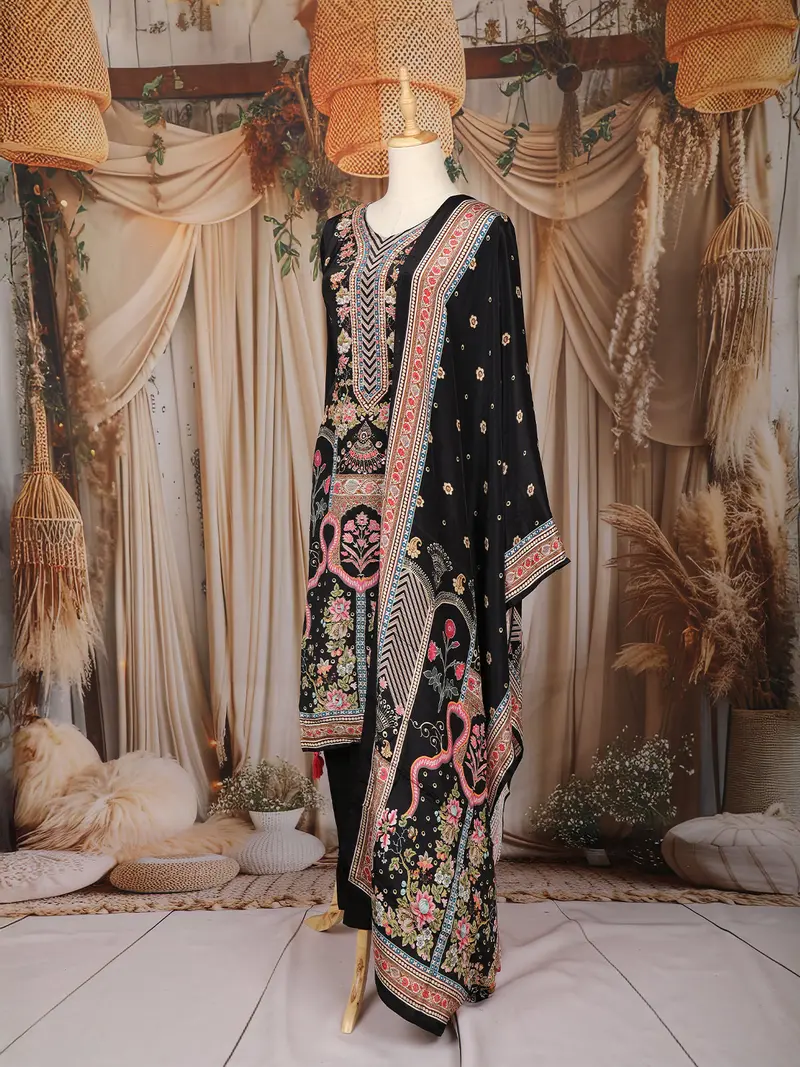 Black Floral Embroidered Crepe Salwar Suit 3
