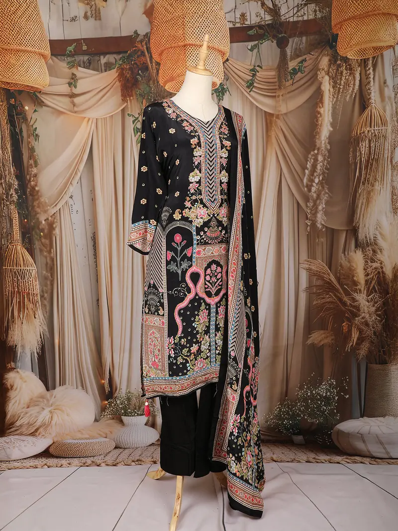 Black Floral Embroidered Crepe Salwar Suit 4