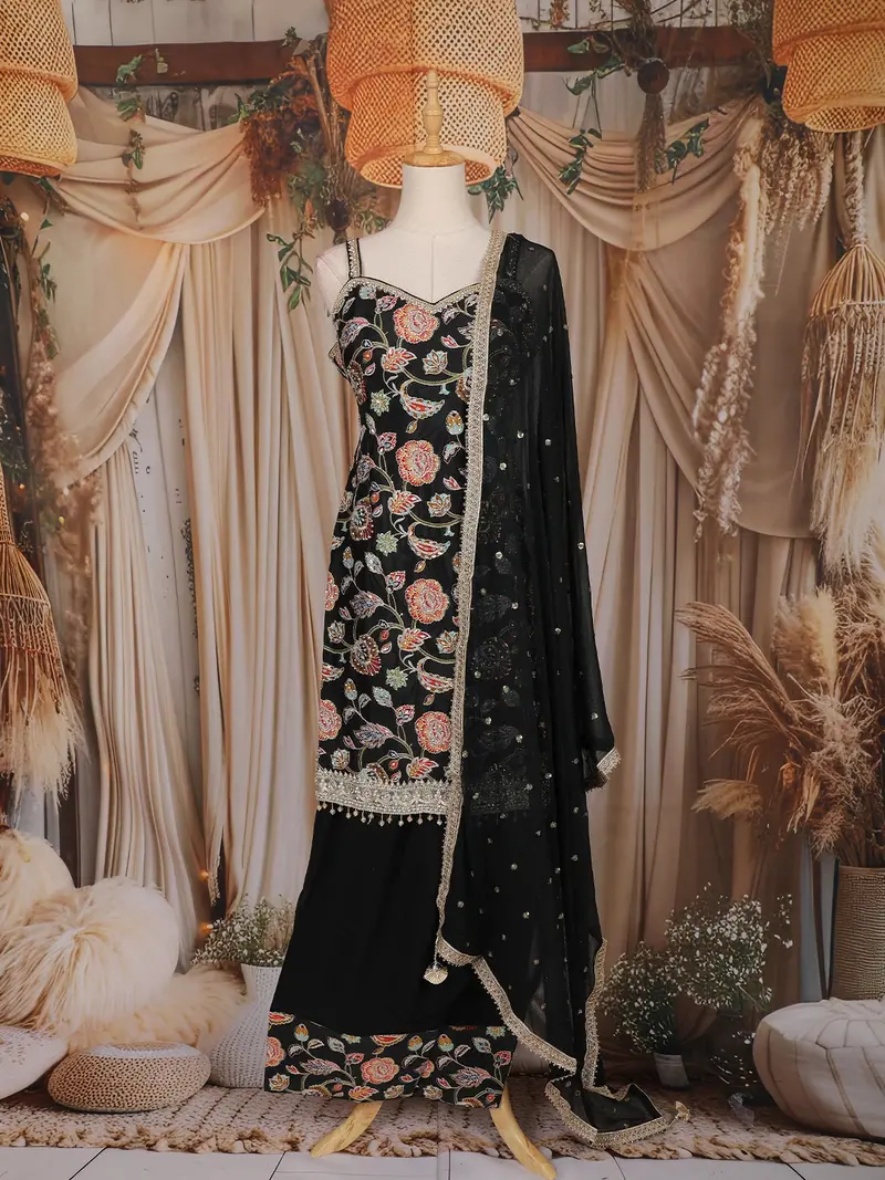 Black Floral Embroidered Design Georgette Palazzo Suit With Dupatta 1