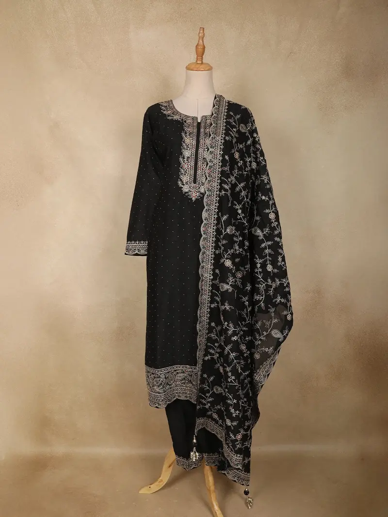 Black Floral Embroidered Design Georgette Straight Cut Salwar Suit 1