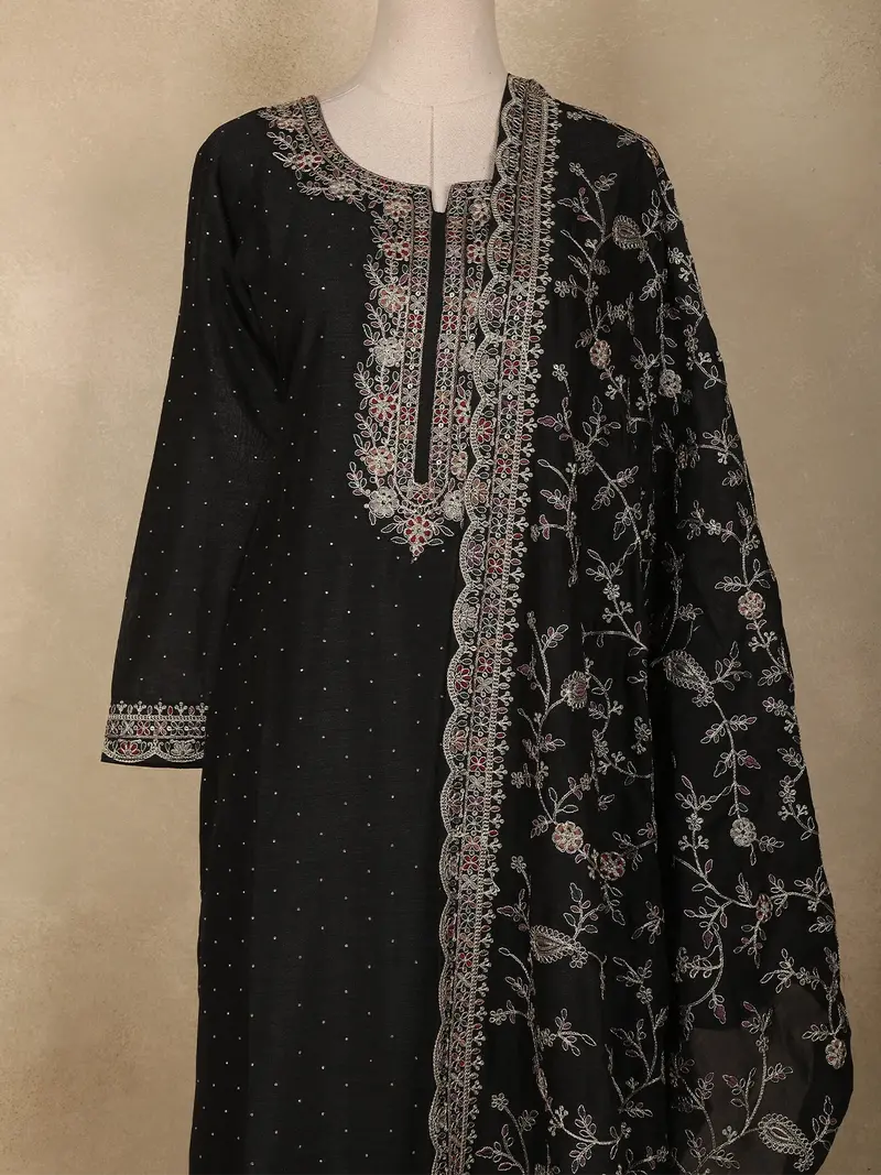 Black Floral Embroidered Design Georgette Straight Cut Salwar Suit 2