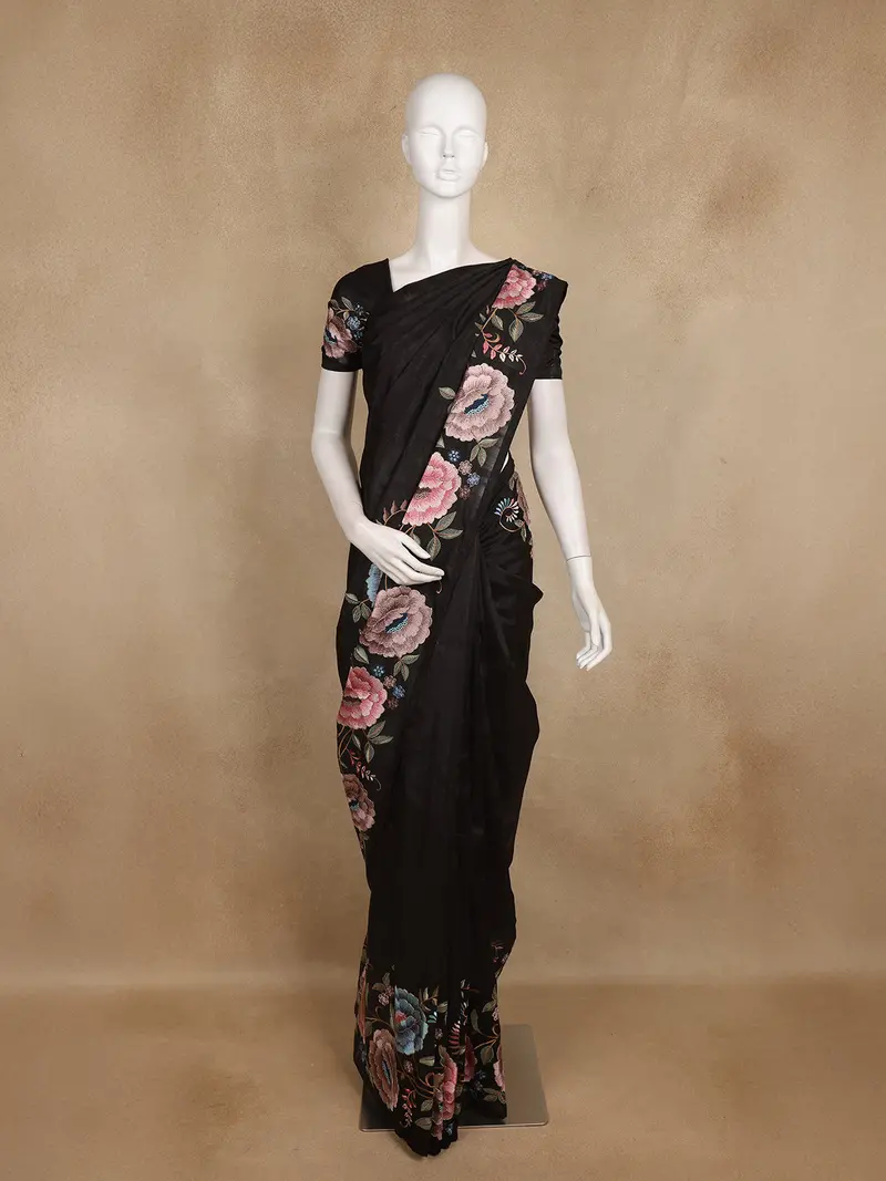 Black Floral Embroidered Design Tussar Silk Saree 1