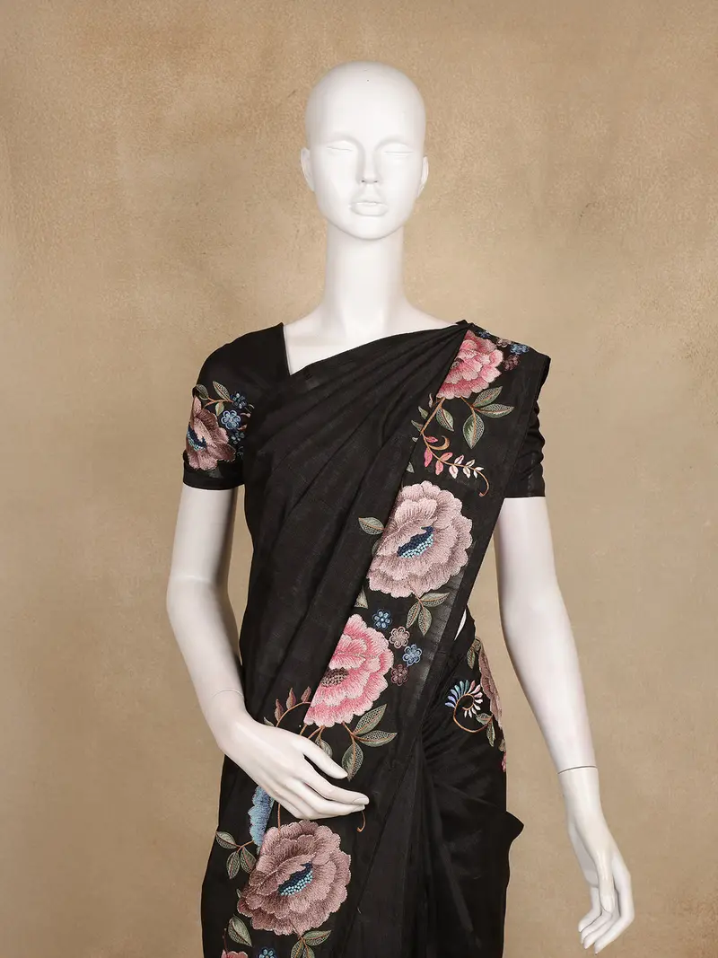 Black Floral Embroidered Design Tussar Silk Saree 2