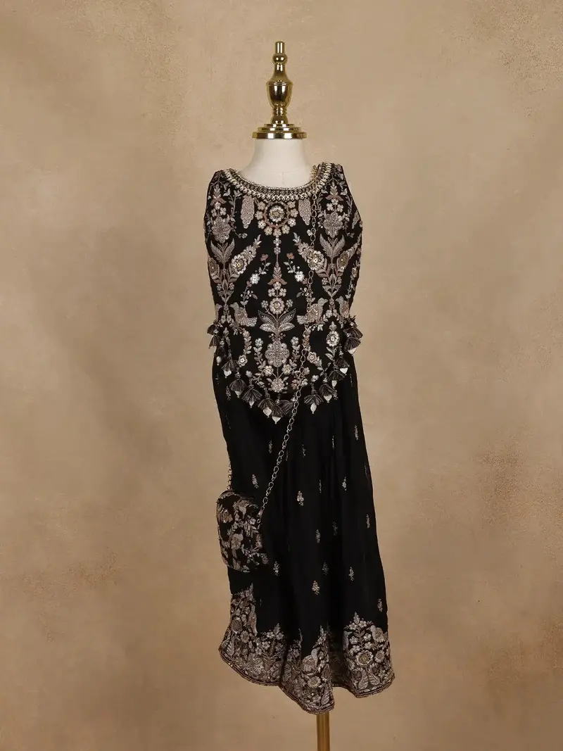 Black Floral Embroidered Georgette Kids Palazzo Set With Sleeveless Top And Matching Purse 1