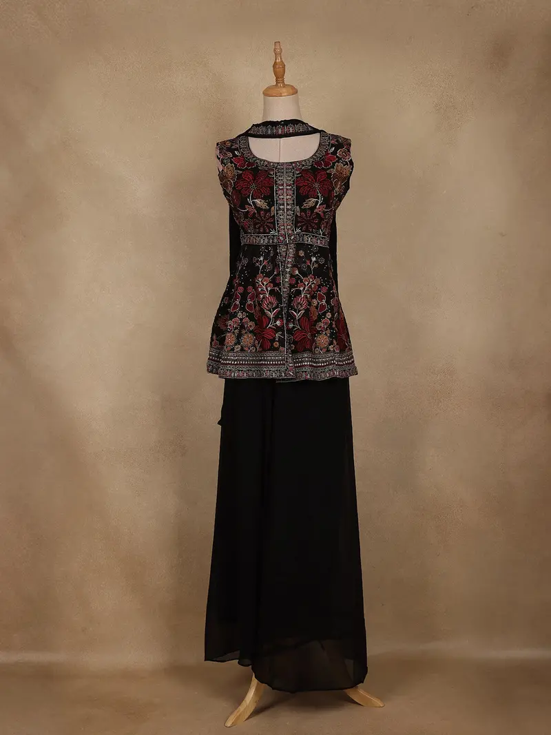 Black Floral Embroidered Georgette Palazzo Suit With Dupatta 1