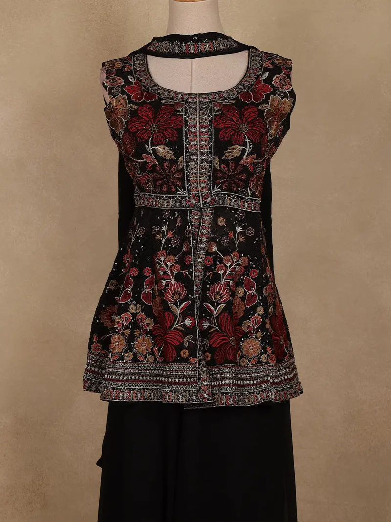 Black Floral Embroidered Georgette Palazzo Suit With Dupatta 2
