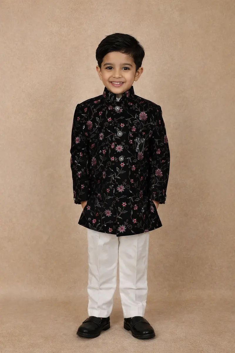 Black Floral Embroidered Kids Velvet Sherwani Set 1