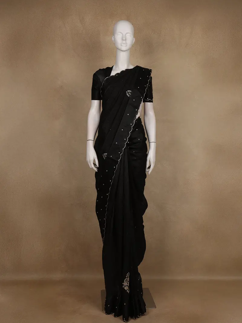 Black Floral Embroidered Raw Silk Saree 1