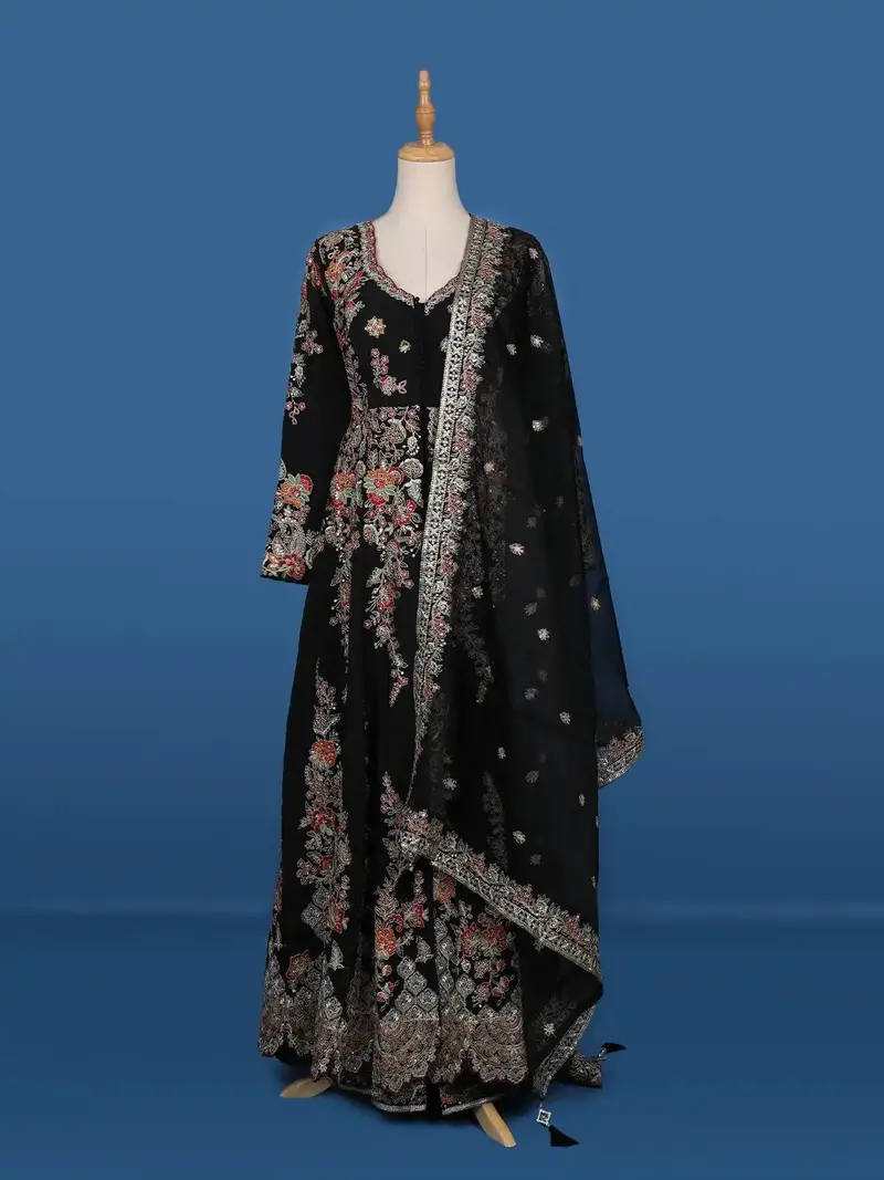 Black Floral Embroidered Semi Silk Palazzo Salwar Suit 1