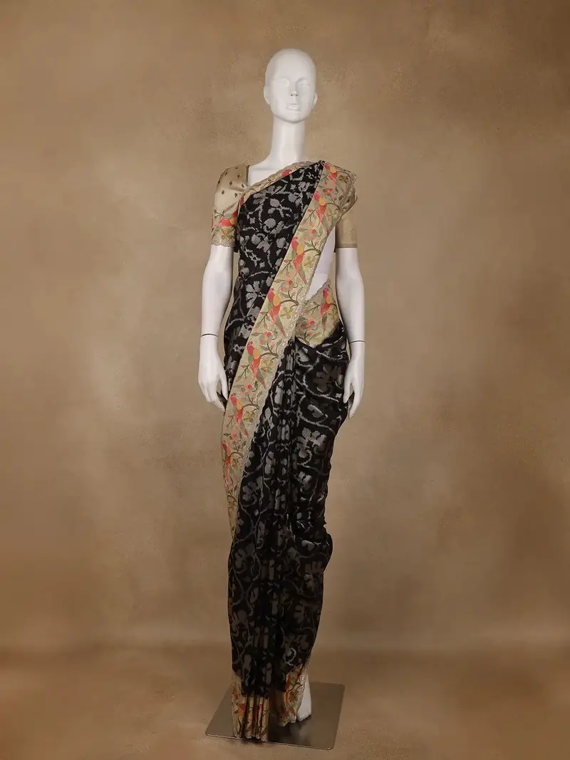 Black Floral Embroidered Tussar Silk Saree 1