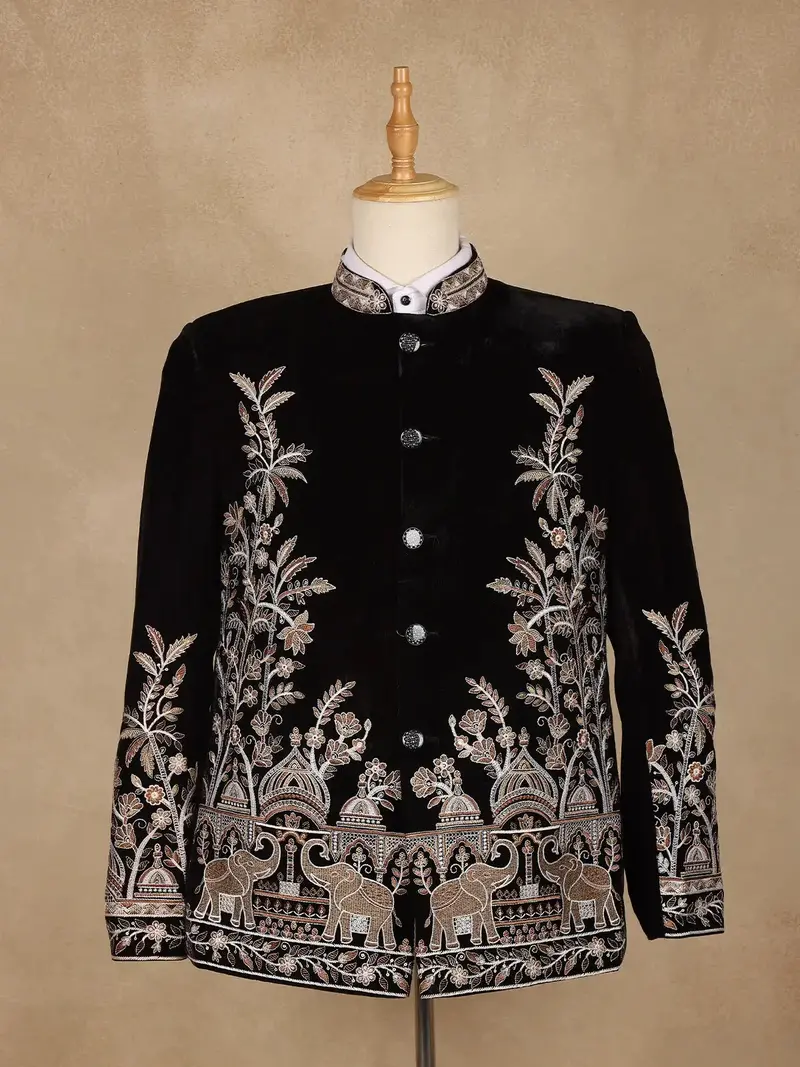 Black Floral Embroidered Velvet Men's Suit 1