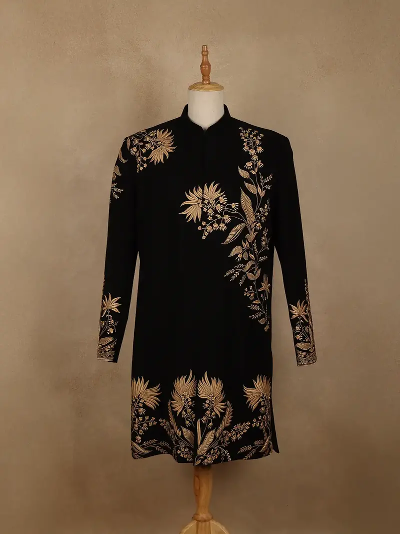 Black Floral Embroidered Viscose Sherwani Suit 1