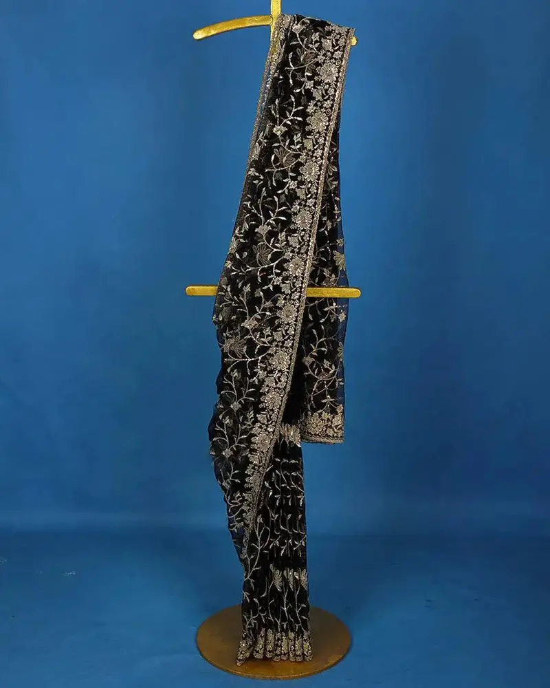 Black Floral Embroidery Designed Net Saree 1