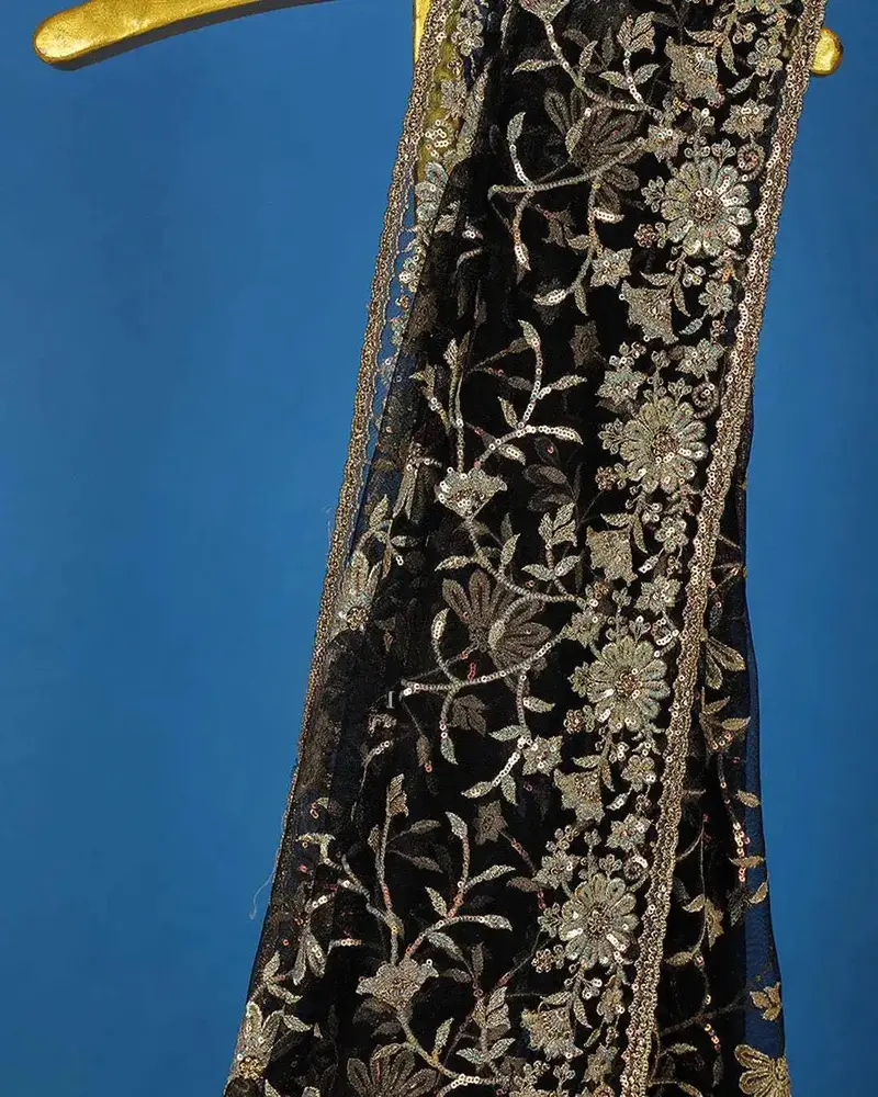 Black Floral Embroidery Designed Net Saree 2