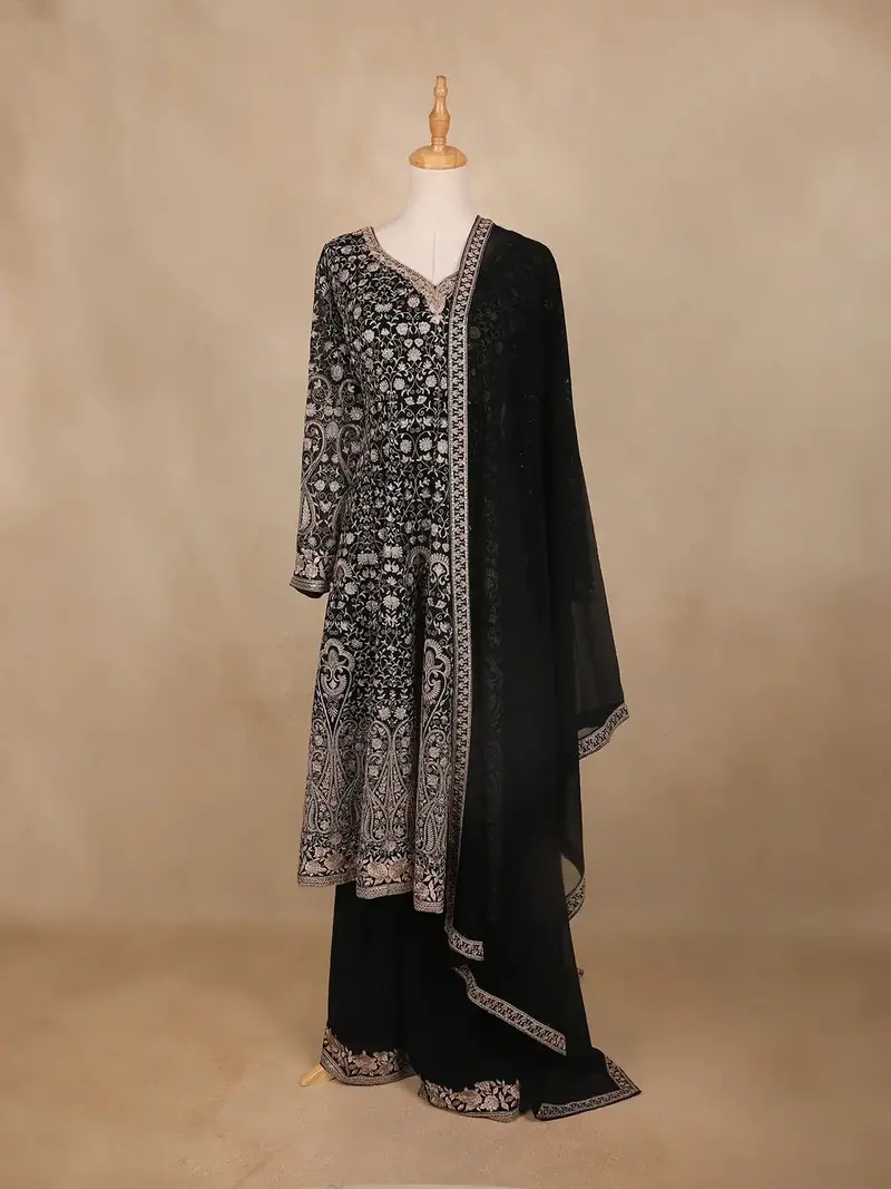 Black Floral Embroidery Georgette Palazzo Suit 1