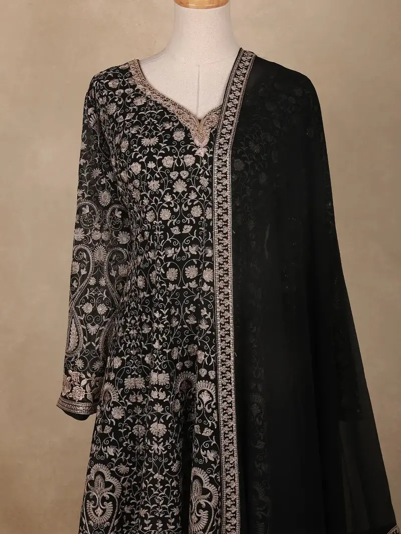 Black Floral Embroidery Georgette Palazzo Suit 2
