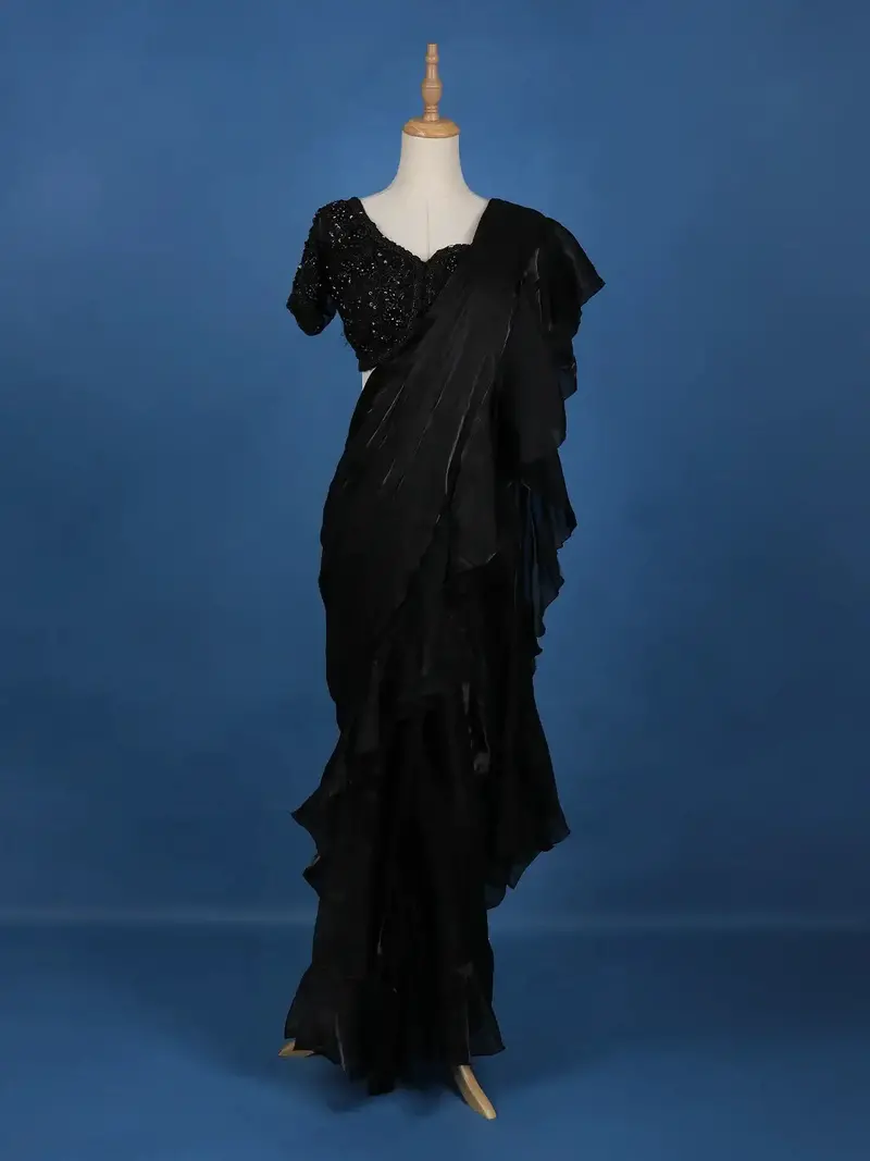 Black Floral Embroidery Organza Ready To Wear Saree With Designer Blouse 1