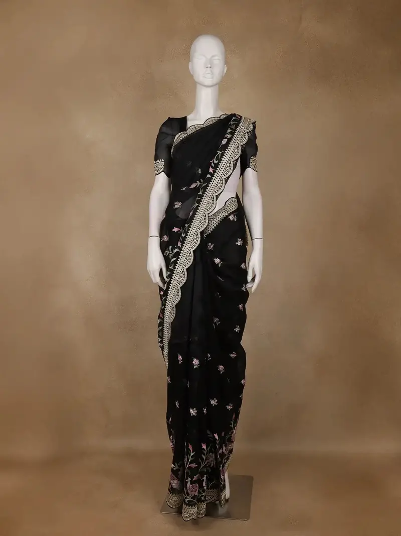 Black Floral Embroidery Organza Saree 1