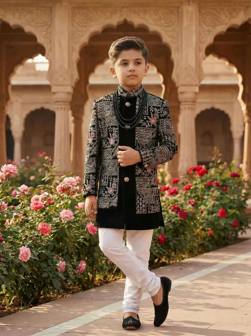 Black Floral Embroidery Satin Sherwani And Pant Set 1