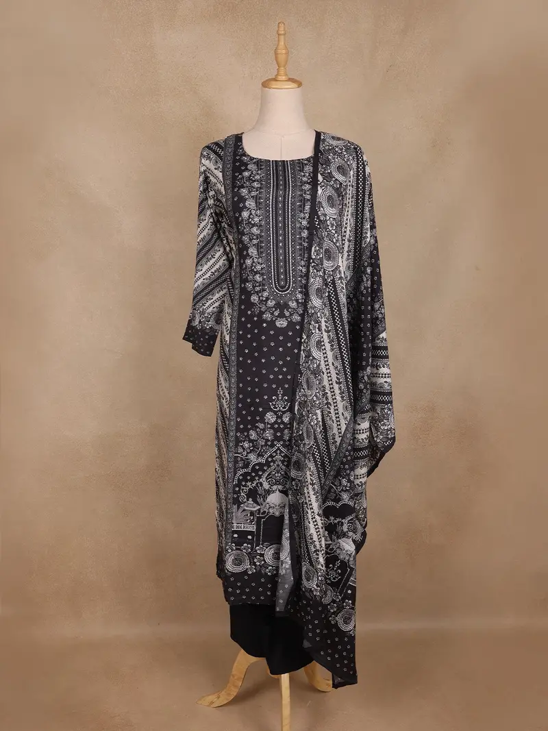 Black Floral Print Design Cotton Straight Cut Salwar Suit 1