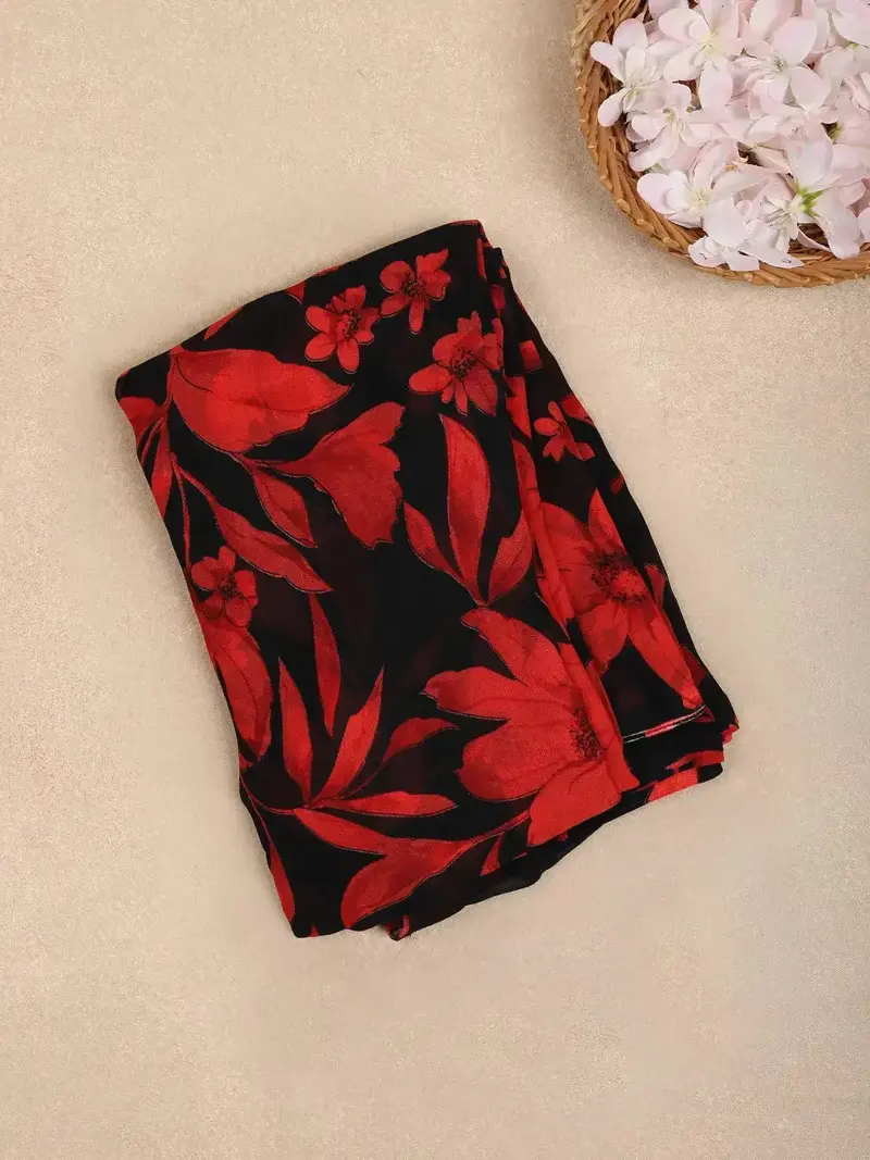 Black Floral Print Georgette Saree 1