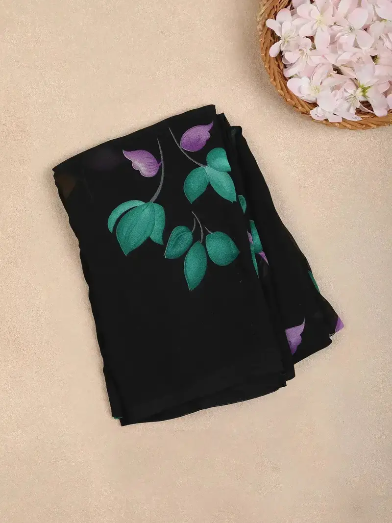 Black Floral Print Georgette Saree 1