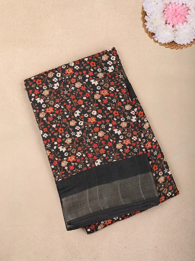Black Floral Printed Chanderi Cotton Saree With Contrast Border 1