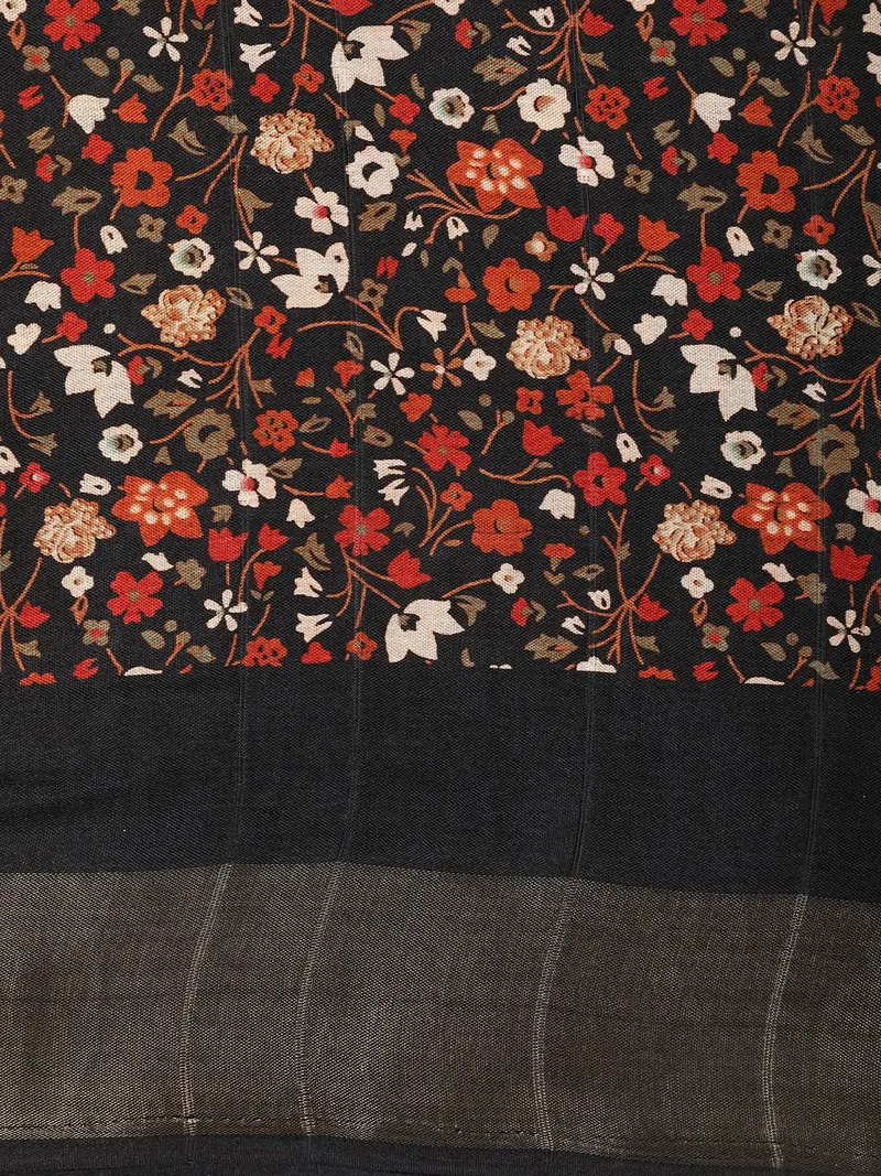 Black Floral Printed Chanderi Cotton Saree With Contrast Border 2