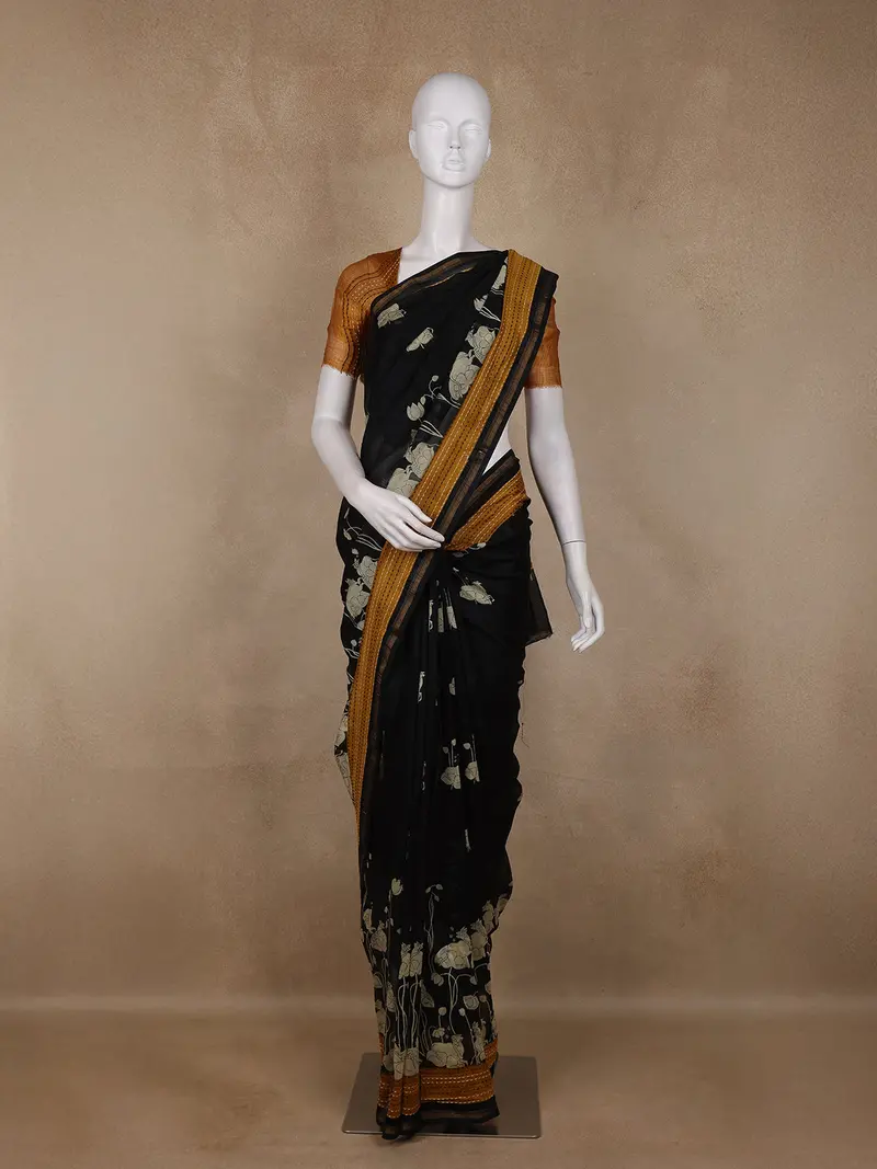 Black Floral Printed Chanderi Cotton Saree With Contrast Mustard Border 1