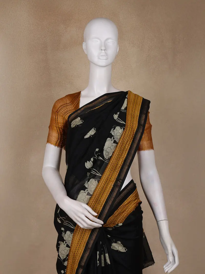 Black Floral Printed Chanderi Cotton Saree With Contrast Mustard Border 2