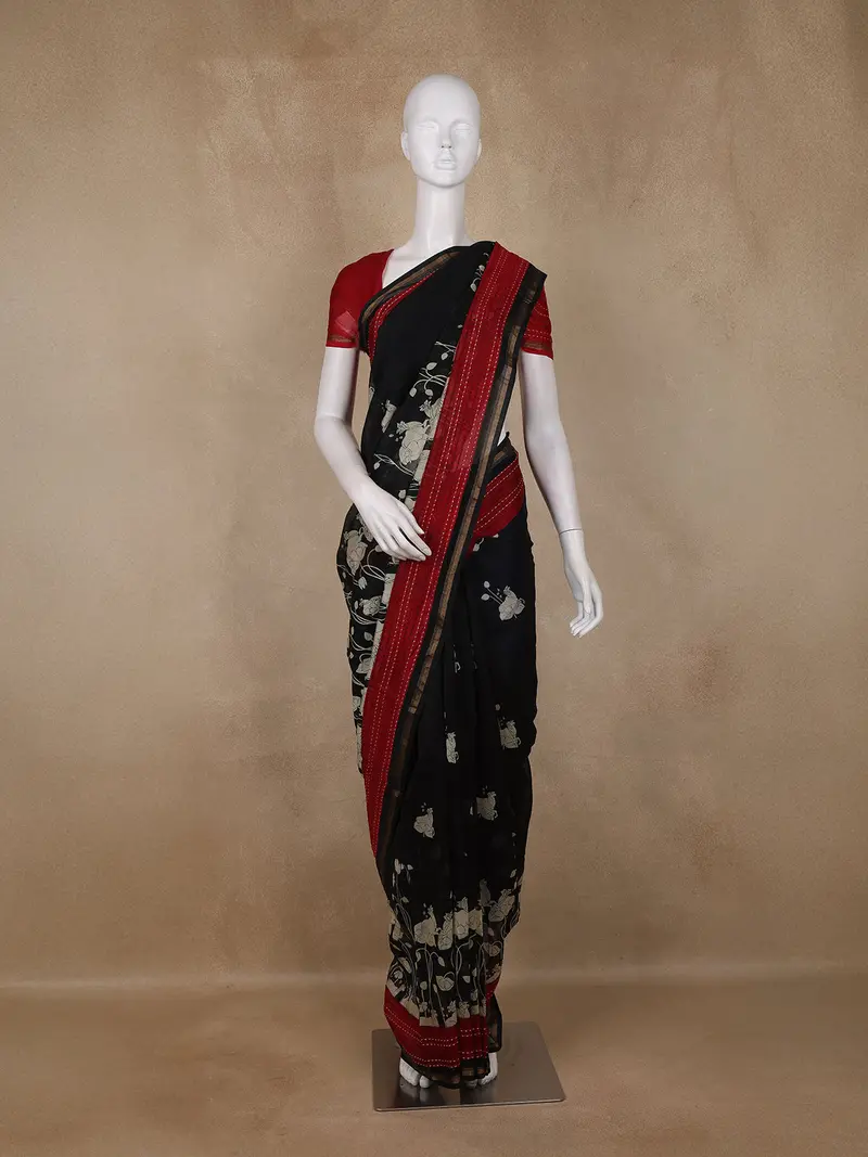 Black Floral Printed Chanderi Cotton Saree With Contrast Red Border 1