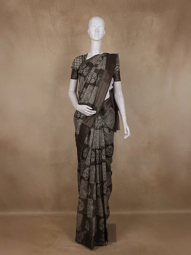 Black Floral Printed Chanderi Cotton Saree With Zari Border 1